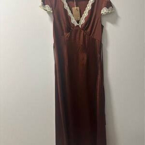 Elegant Brown Dress with Lace Trim